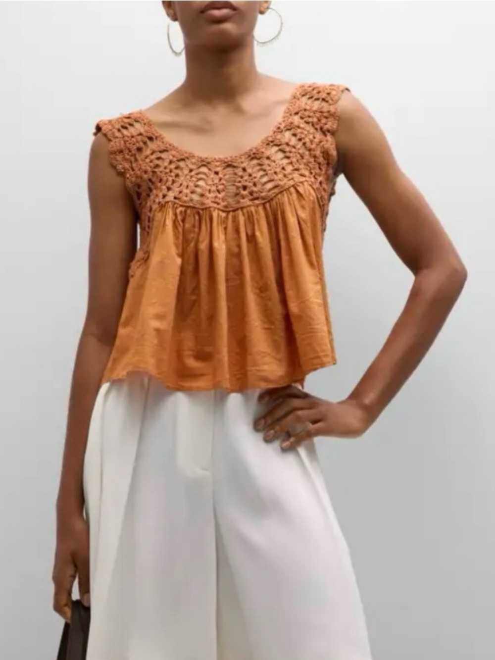 The Great SIZE 0 Soleil cotton crochet top in Auburn Orange Canyon